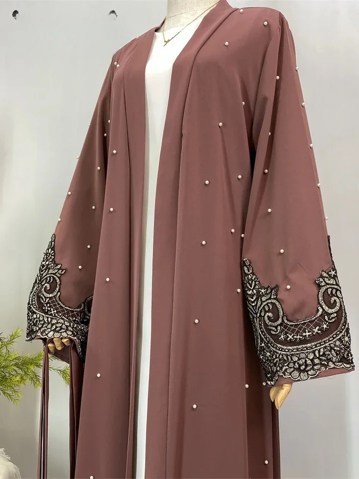 

Ramadan Jellabiya Muslim Fashion Open Abaya Femme Lace With Pearls Clothes Islamic Dresses For Women Nida Eid Moroccan Caftan