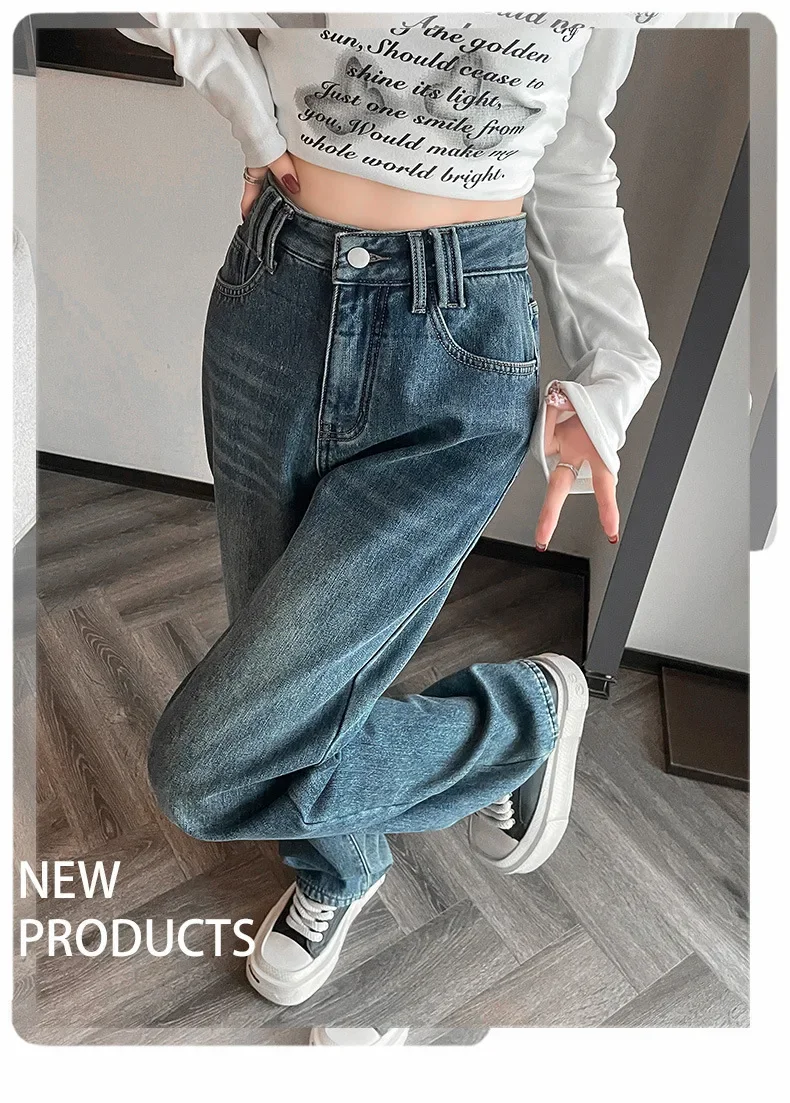 

Spring and Autumn Simple Denim High-waisted Straight-leg Pants. Women's New Fashion Loose Casual Floor-length Wide-leg Jeans