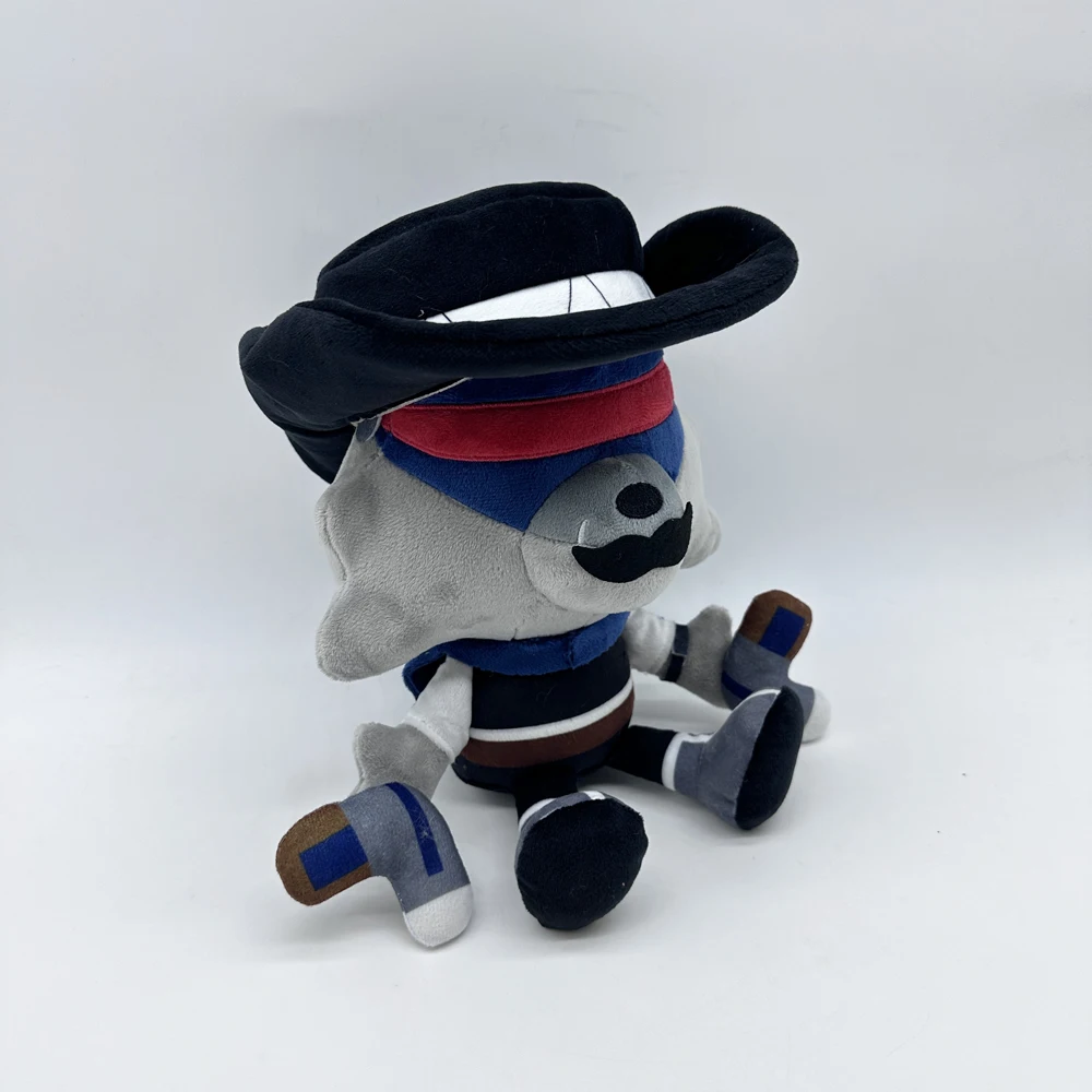 A wolf plush toy wearing a blue and red eye mask and a black hat is creatively designed to be cute and playful