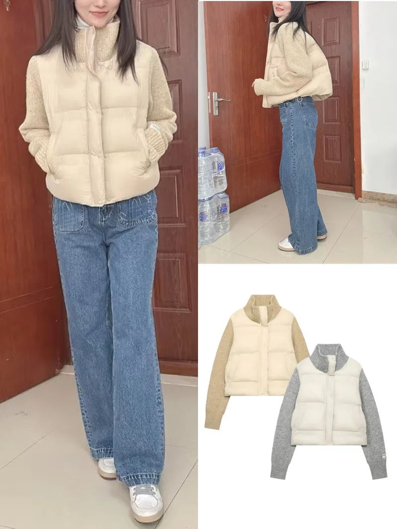 

Новая зимняя модная повседневная женская хлопковая куртка с вязаными рукавами, пэчворк, теплая, с воротником-стойкой, на молнии, с длинными рукавами