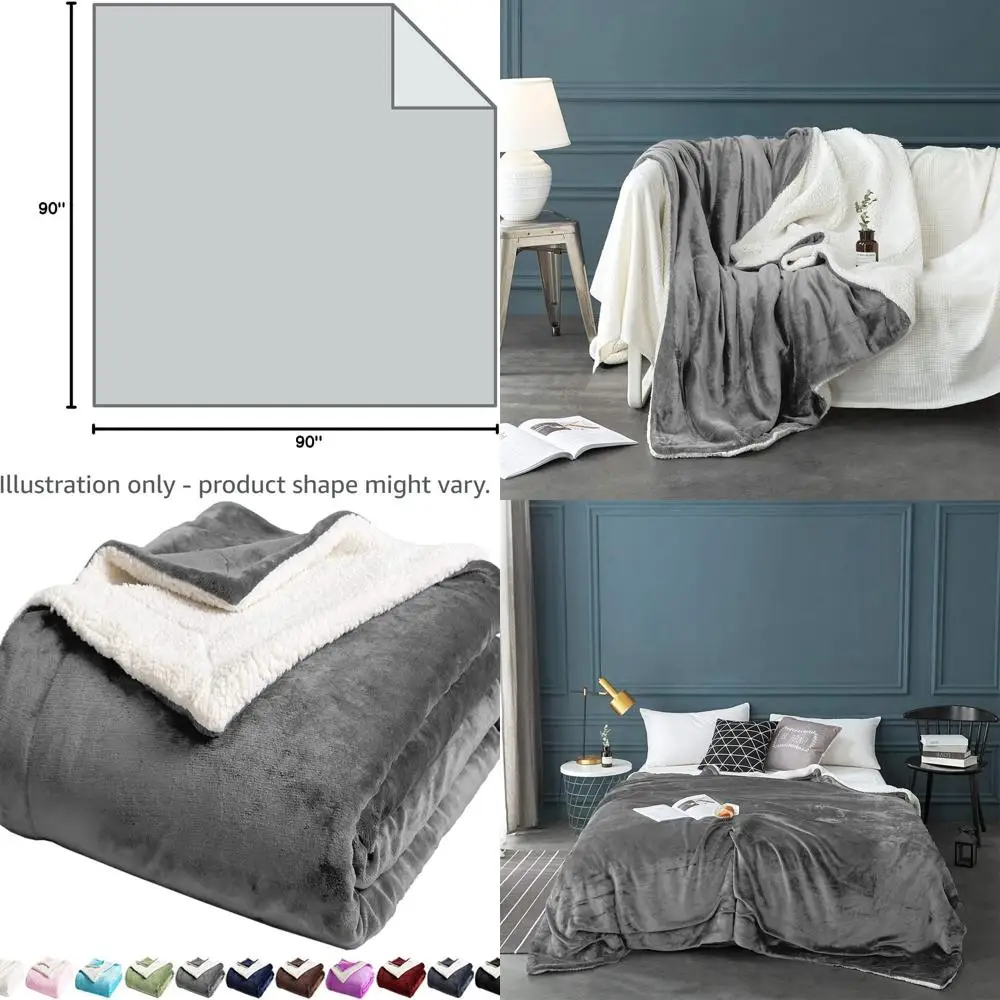 

Luxurious Plush Queen Size Reversible Sherpa Blanket, Soft and Cozy, 90x90 Inches, Grey
