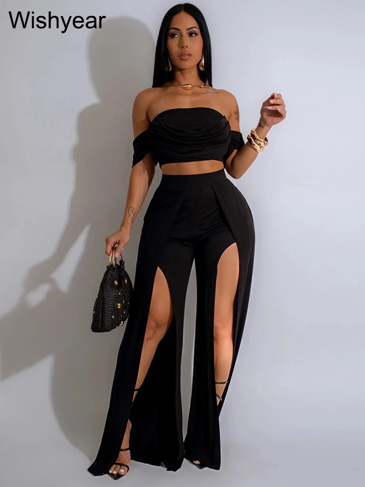 New Sexy Strapless Crop Tops and High Split Wide Leg Pants Green Two 2 Pieces Women Birthday Outfit Matching Set Night Clubwear