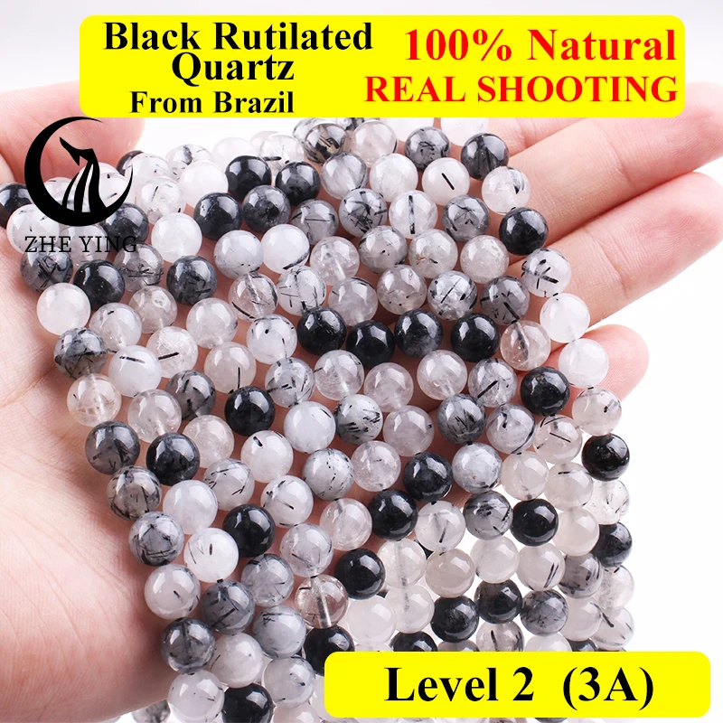 Zhe Ying Genuine Natural Black Rutilated Quartz Beads Round Loose Gemstone Beads for for Jewelry Making DIY Bracelet Necklace