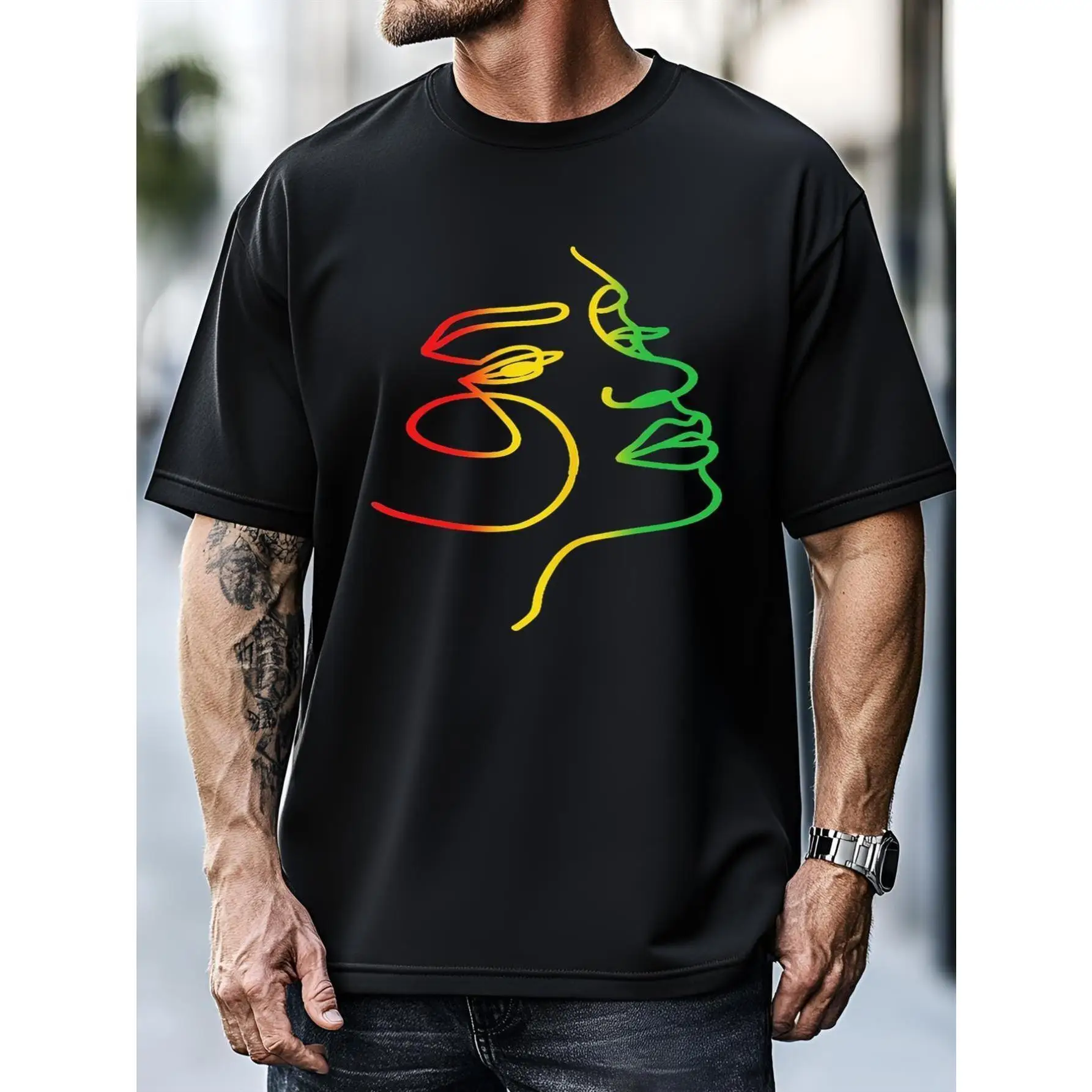 

Rasta Line Art Face T-Shirt Pan-African Reggae Culture Graphic Tee Abstract Female Portrait Black History Heritage Top Men Women