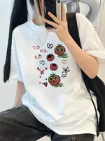 Korean Version of Cool and Cute Tomato Print Girls  Versatile Retro Round Neck Short Sleeve 2025 Summer New Female Casual Tops