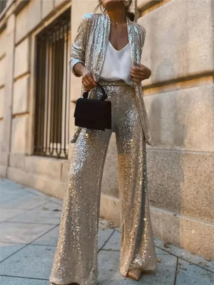 Sequin Fashion 2 Piece-Set Women Straight Legg Slim Glitter Patchwork Suit Outwear And Women's Pants Sets Female Outfits