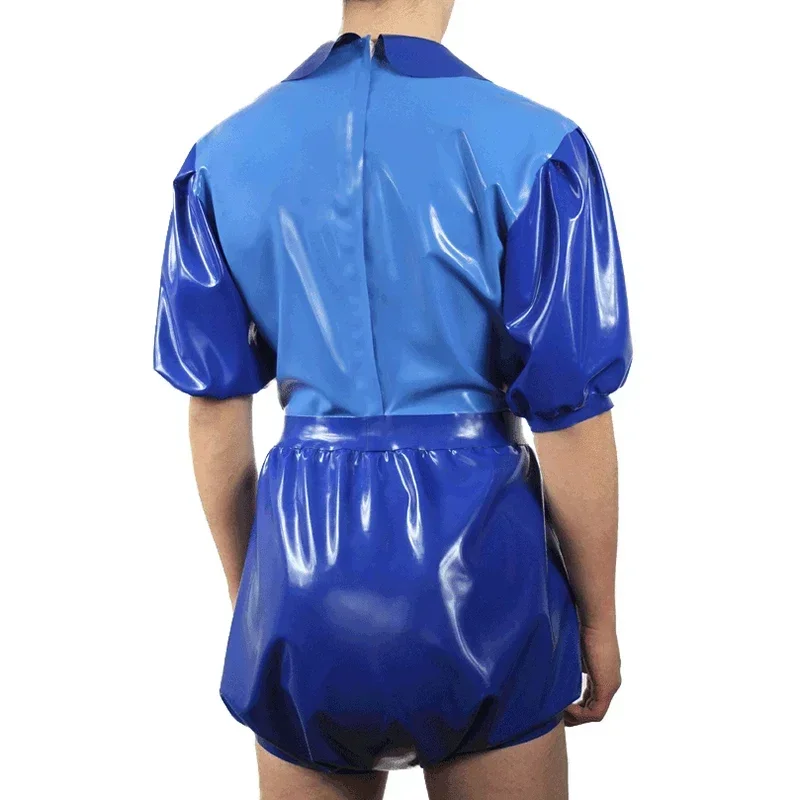 Two Pieces Blue Short Puff Sleeves Latex Swimsuit with Diaper Zipper At Back Rubber Body Suit Catsuit Bodysuit Zentai  S-XXL