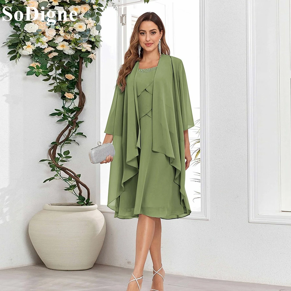 

SoDigne Green Chiffon Evening Dress with Cape Scoop Neck Knee Length Beading Tiered Party Dress 2024 Casual Prom Gown for Women