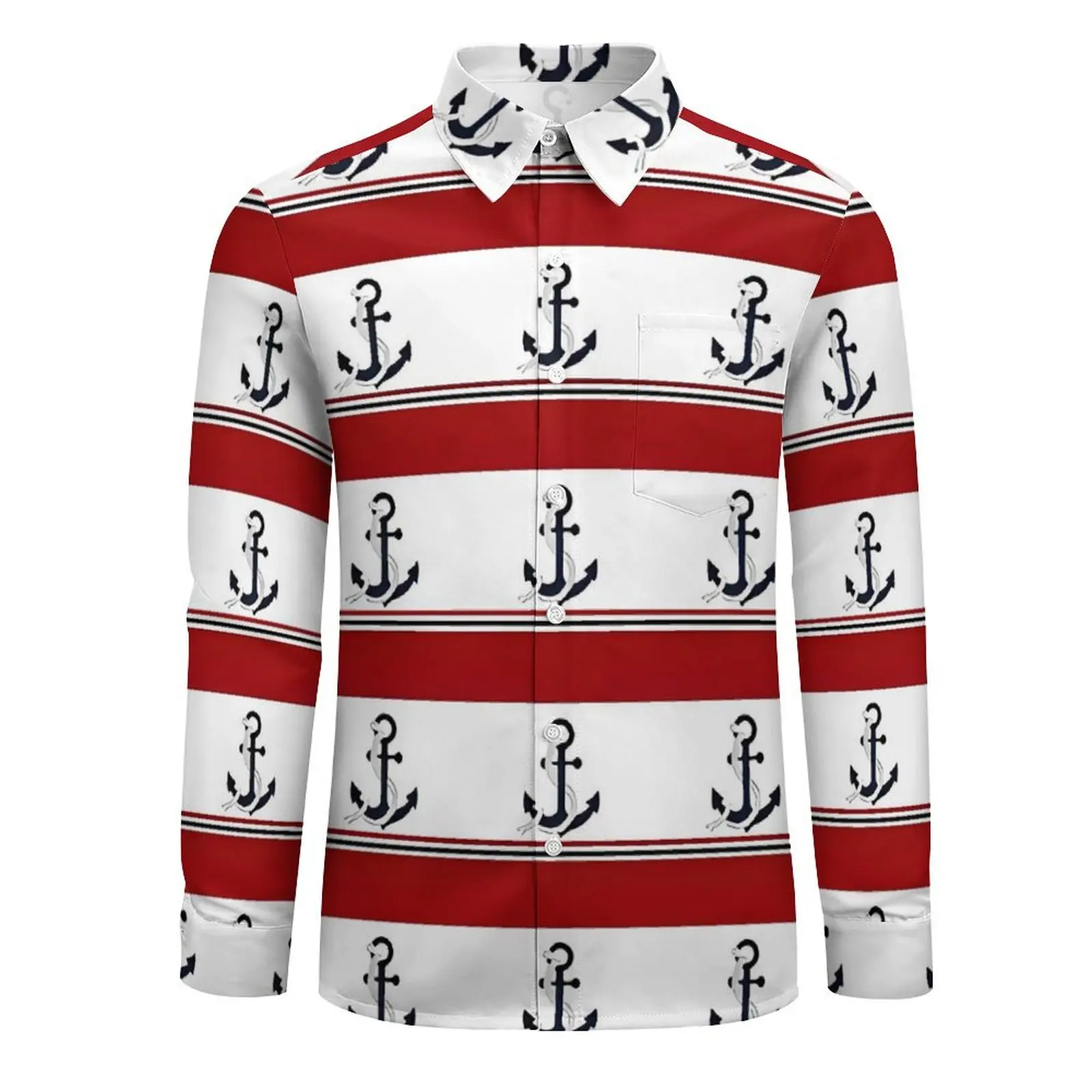 Nautical Anchor Blouse Men Red Blue and White Stripes Shirt Long Sleeve Harajuku Casual Shirts Autumn Design Clothing Plus Size