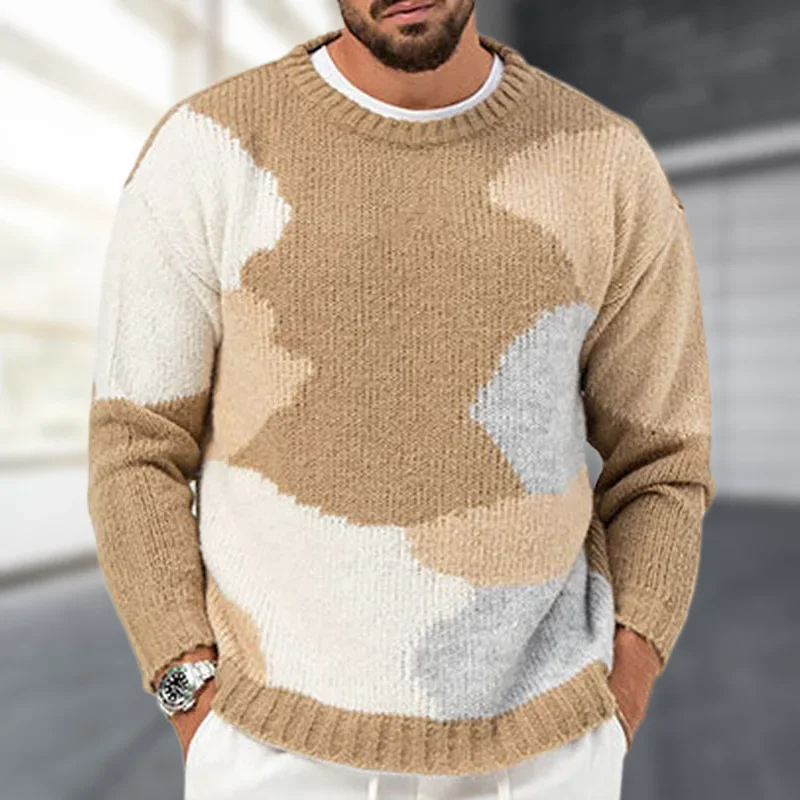 American Youth High-end Knitted Sweater for Men, Spring and Autumn Color-block Jacquard Thick-needle Fashionable Sweater M-3XL