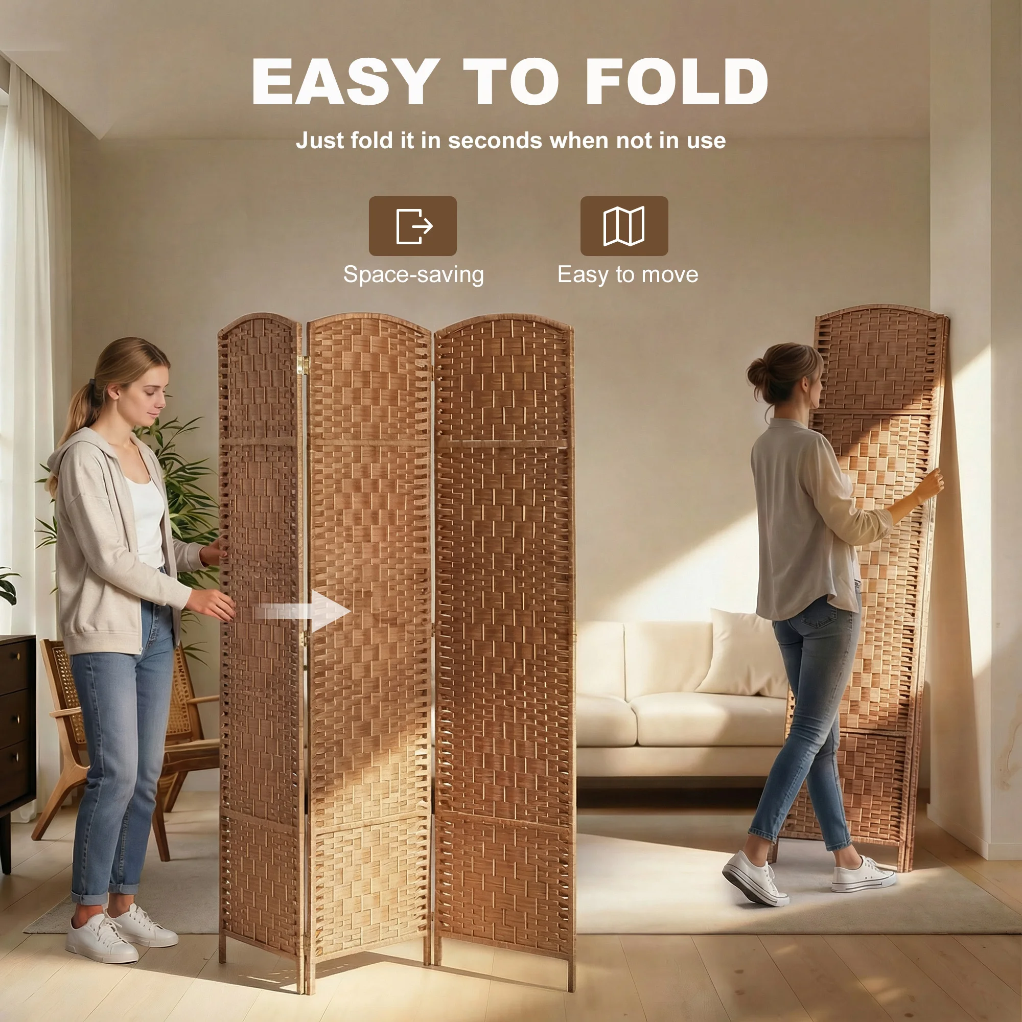 Homcom Room Divider 3 Panels, 6ft Tall Folding Privacy Screen, Freestanding Hand-Woven Partition for Room Separation with 360 °   Hinges, Paper Rope Diamond Weave, Natural