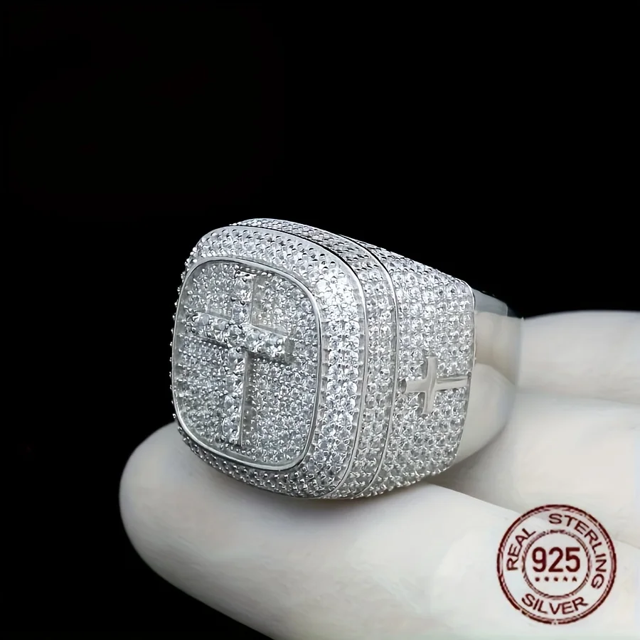 الرجال 925 فضة الجليدية بلينغ تشيكوسلوفاكيا الهيب هوب السائق ثلاثية الأبعاد ساحة الصليب الدائري البلاتين مطلي خواتم ضخمة الدين مجوهرات هدية للذكور