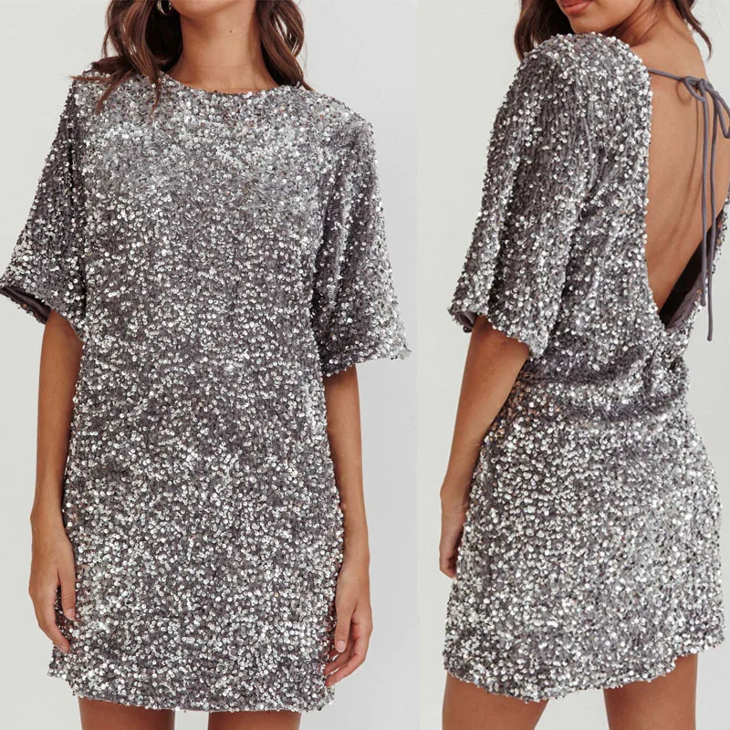 

Women's Sequin Dress for Party Club Loose Sparkly Round Neck Short Sleeve Short Dress Sexy Open Back Tie-Up Mini Dress