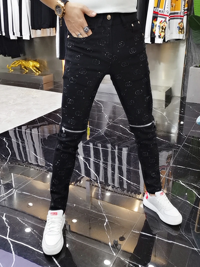 

Trendy Men's Slim Fit Jeans with Rhinestones And Zipper Knee Design Casual Straight Leg Long Trousers for Autumn Season