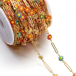 1Meter Copper Chain Enamel Daisy Flower Beaded Charm Paper Clip Chains for DIY Handmade Jewelry Making Necklace Bracelet