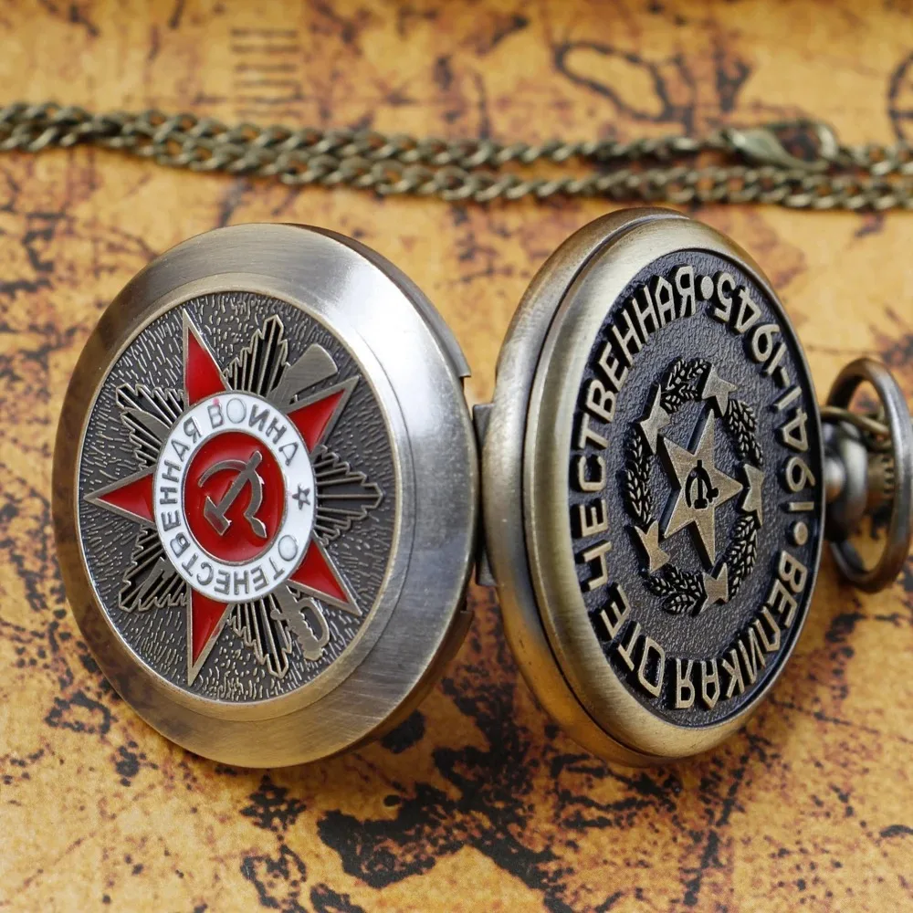 شارات المنجل المطرقة ساعات الجيب الكوارتز قلادة سلسلة البرونزية قلادة ساعة النساء الرجال لهدايا عيد الميلاد