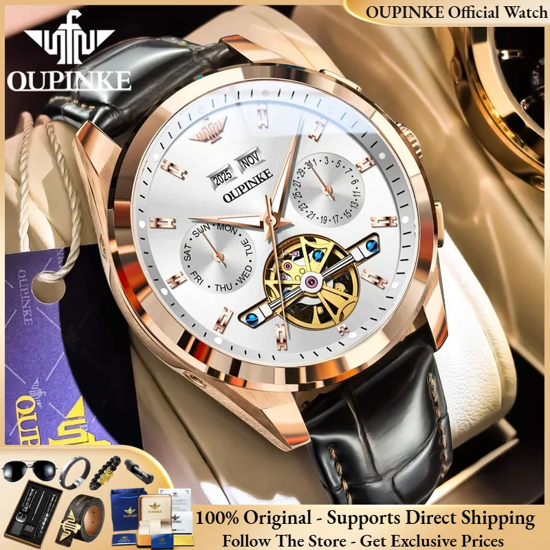 OUPINKE 3291 Men Watch Business Comfort Leather Multi functional Timing Watch Luxury Brand Hollow Men Automatic Mechanical Watch