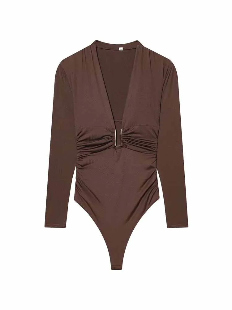 HH femme printemps tendance mode manches longues col en V profond plissé décoration combinaison femme décontracté couleur unie polyvalent hauts