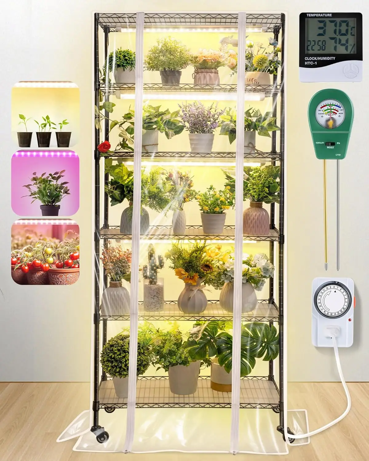 

plant shelf with grow lights, 6 tier diy metal grow rack with 90w led growing lamps for seed starting, indoor greenhouse