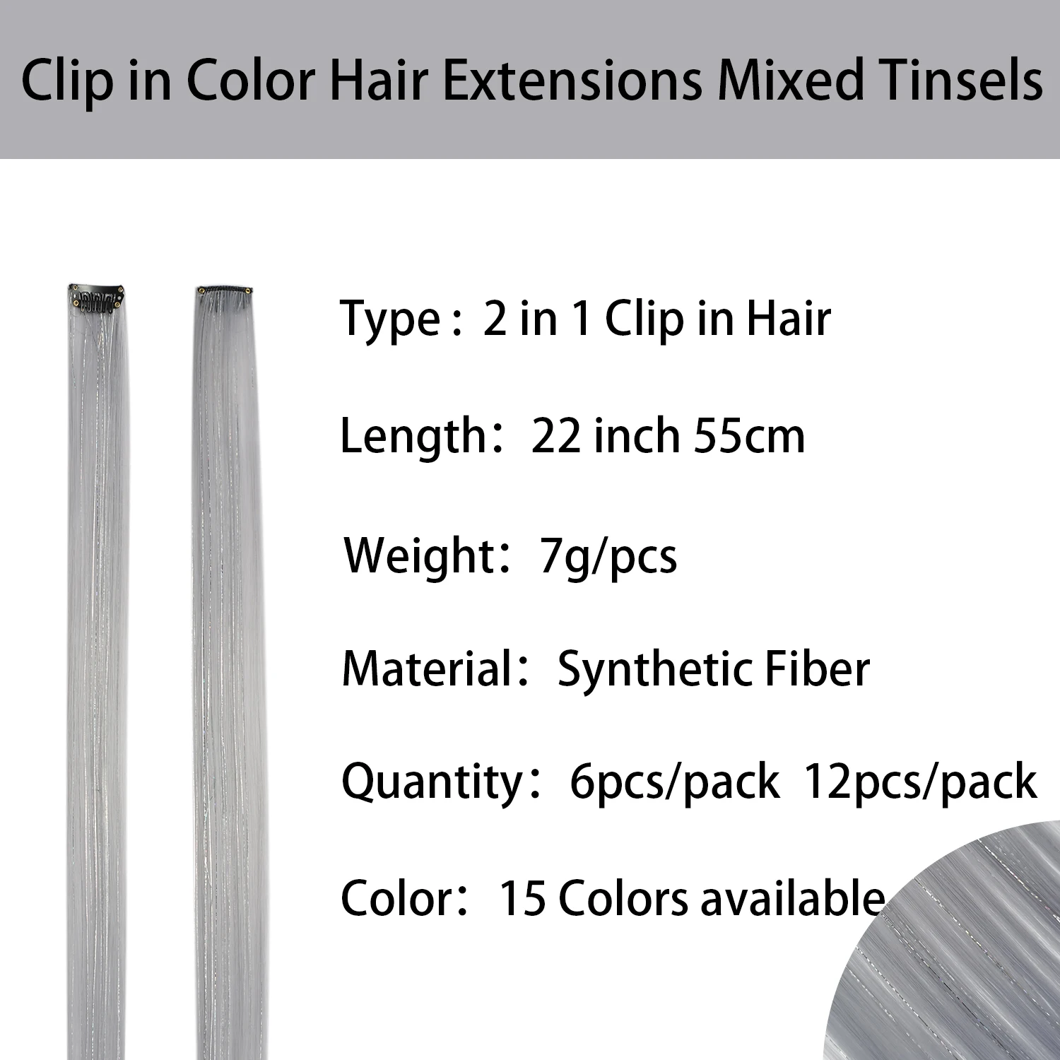 Clip in Colored Hair Extensions Mixed Silver Tinsels Synthetic Rainbow Hairpiece Holiday Party Highlights for Women Girls