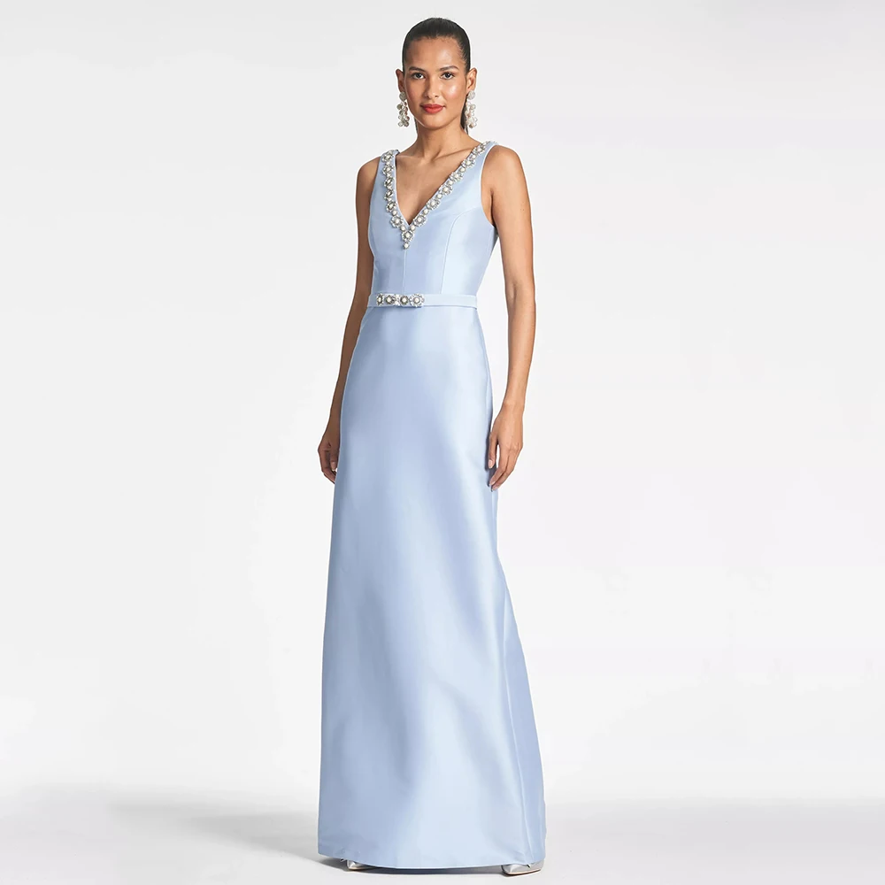 Vestido de Noche Moderno Personalizado, Azul Celeste, Satinado, con Cristales, Cuello en V, Vestido de Noche de Lujo, Largo, Sin Mangas, Corte en A, con Cinturón, Vestidos de Graduación para Mujer