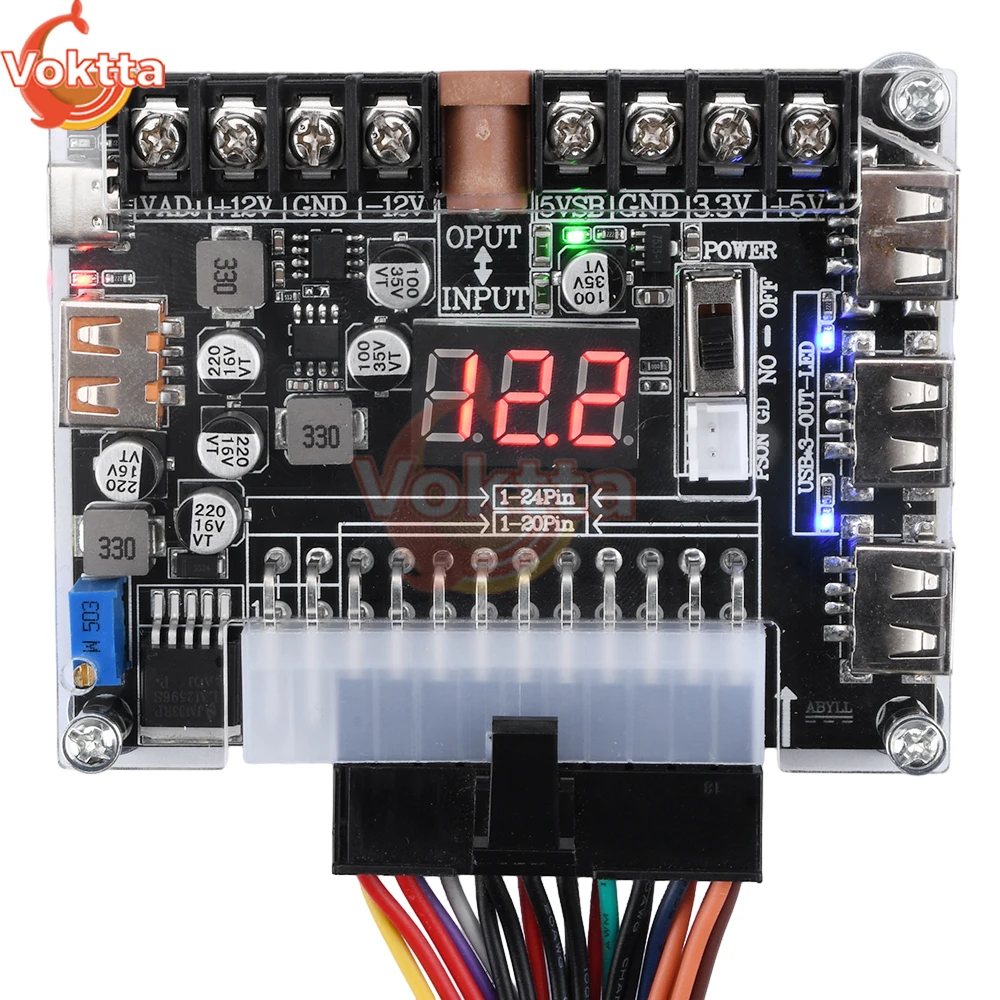 20Pins 24 Pins ATX Power Supply Breakout Board Acrylic Case Kit Adjustable Power Adapter Connector Support 12V -12V 5V 5VSB 3.3V