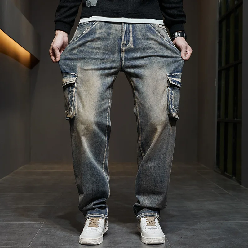 High Street Multi-Pocket Cargo Jeans Men's Loose Straight Leg Plus Size Vintage Retro Denim Trousers