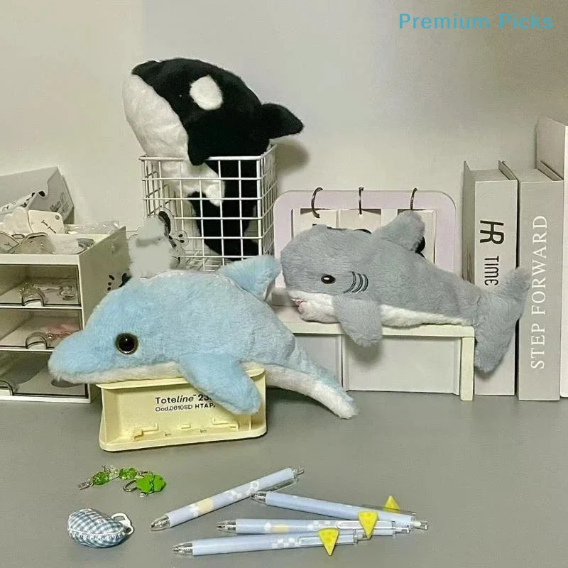 Cute Cartoon Little Dolphin Shark Plush Pen Case Large Capacity Stationery Storage Bag Pencil Case Multi Functional Plush Bag