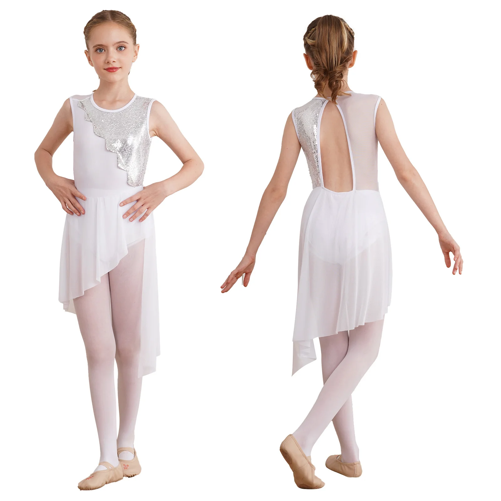 

Girls Sequins Lyrical Modern Dance Dress Figure Skating Performance Costume Ballet Dresses Gymnastics Leotard with Irregular Hem