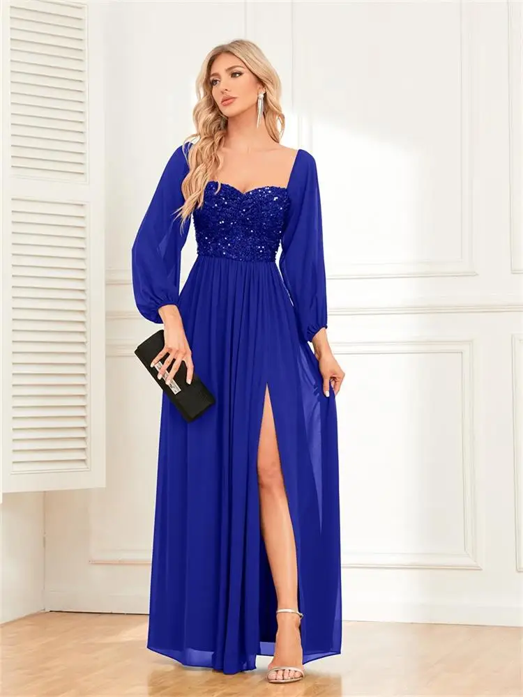 Formal Dress Vintage Long Sleeve Prom Party Frock Chiffon Evening Vestido Sequin Patchwork Sexy Elegant Women Long Skirt 2024