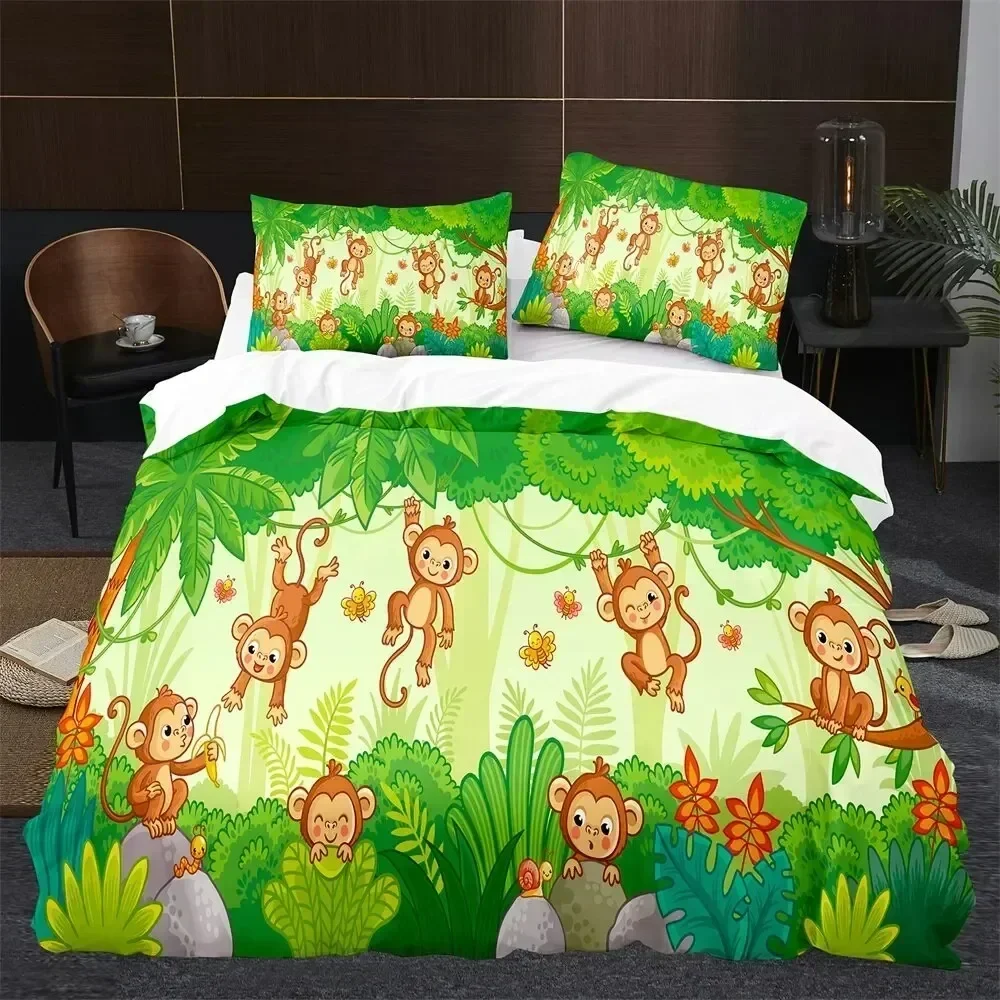 Monkey Duvet Cover King Queen Lovely Cartoon Animal Bedding Set for Kids Boy Girl Green Jungle Tree Polyester Quilt Cover