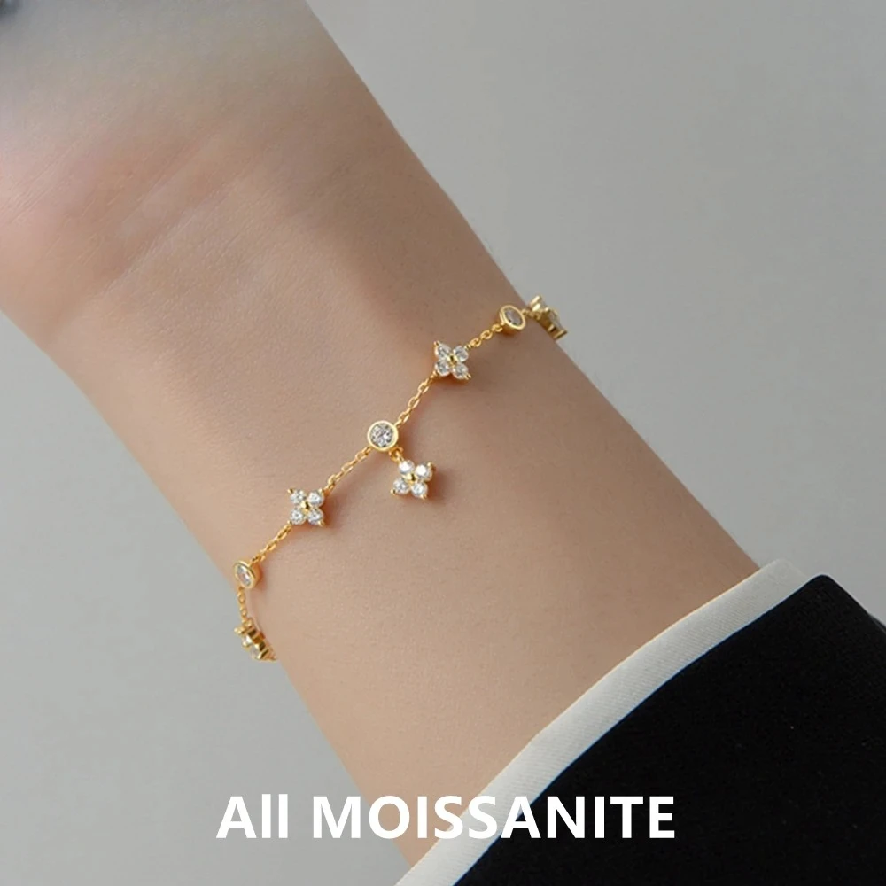 

All Moissanite Bracelet With Certificate 925 Sterling Silver Four-leaf Flower Adjustable Chain Bracelets for Women 2025 Trend