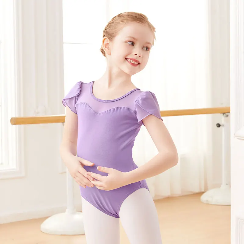 Ballet Leotards for Girls Splice Short Sleeve Kids Dance Leotards Back Bowknot Gymnastics Leotard Cotton Ballet Dancing Bodysuit