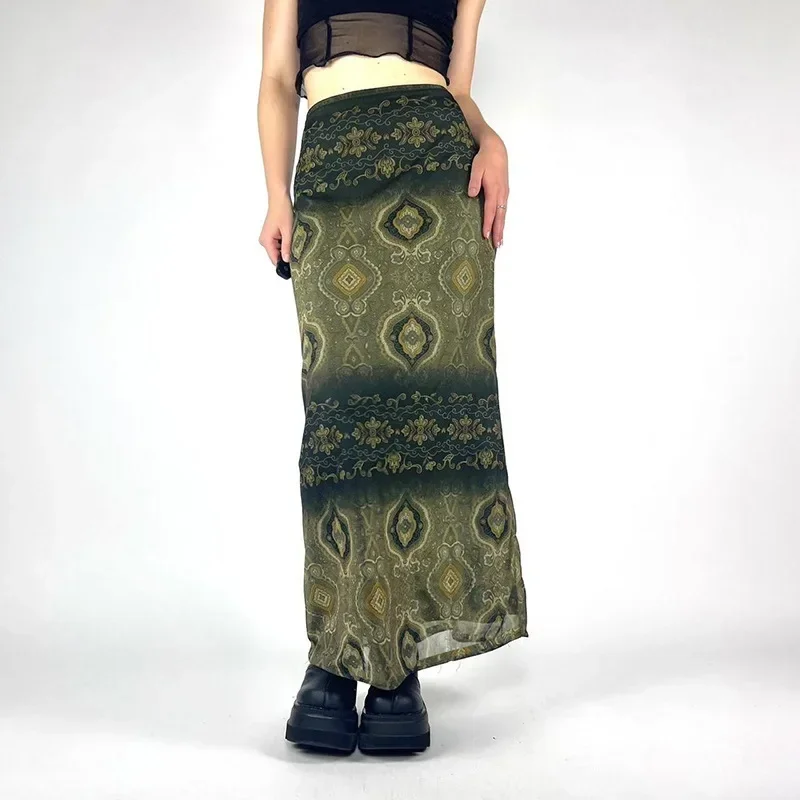 2025 New Dark Vintage Print Dropped Waist Long Skirts Y2K Fashion Mesh Double Layer Bodycon Skirt E-girl Techwear Women Bottoms