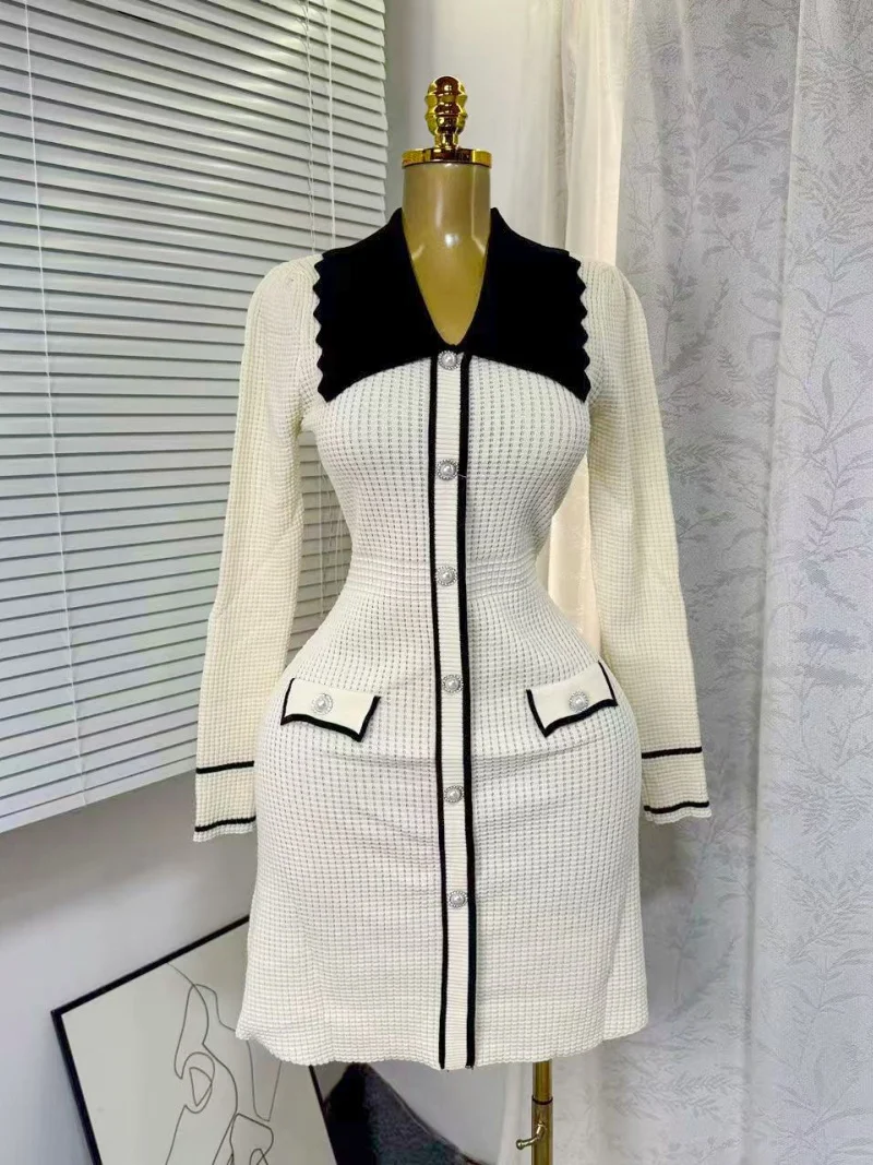 เดรสไหมพรมทรงเข้ารูปสวยหรู เสื้อผ้าฤดูใบไม้ร่วงสำหรับผู้หญิง แขนยาว คอปกพับได้ ทรงบอดี้คอน มินิเดรส สไตล์ OL เดรสไหมพรม ชุดเดรสผู้หญิง