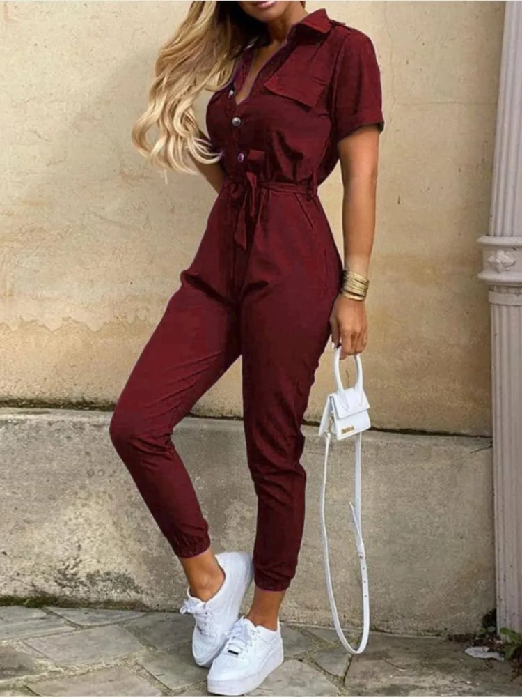 Summer Women\'s New Fashion Flip Collar Button Print Belt Lace Up Work Dress Casual Capris Jumpsuit Office