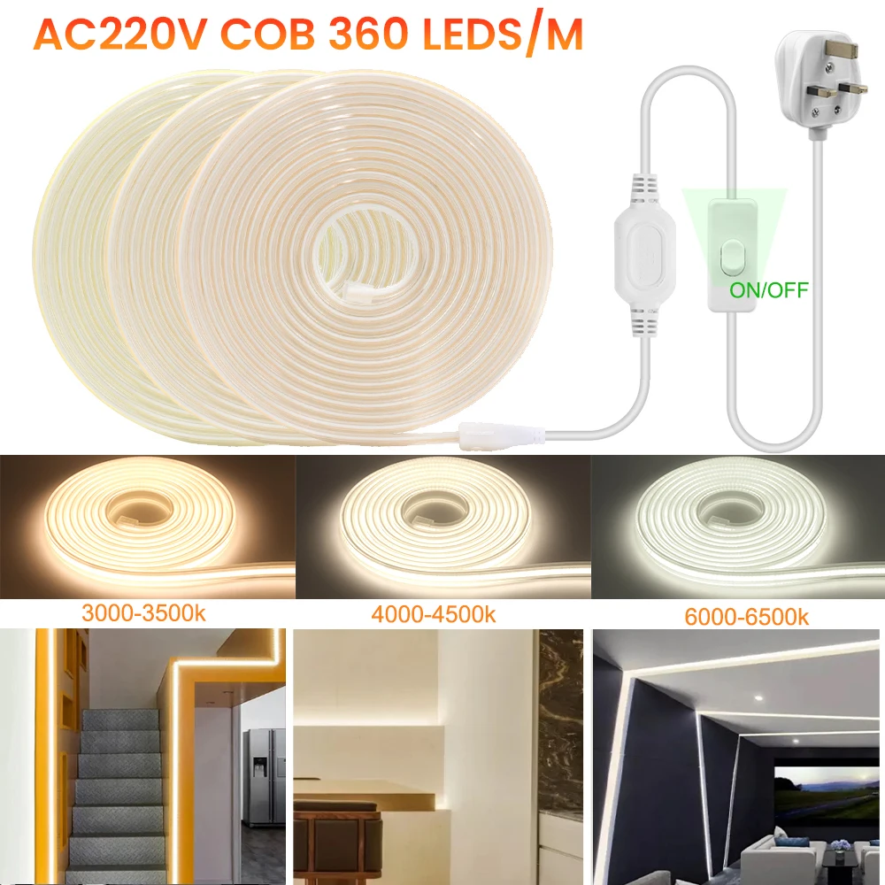 

COB LED Strip with UK Plug and Switch High Density Flexible 360LEDs/m Lights Tape Cool/Nature/Warm White Linear Lighting AC220V