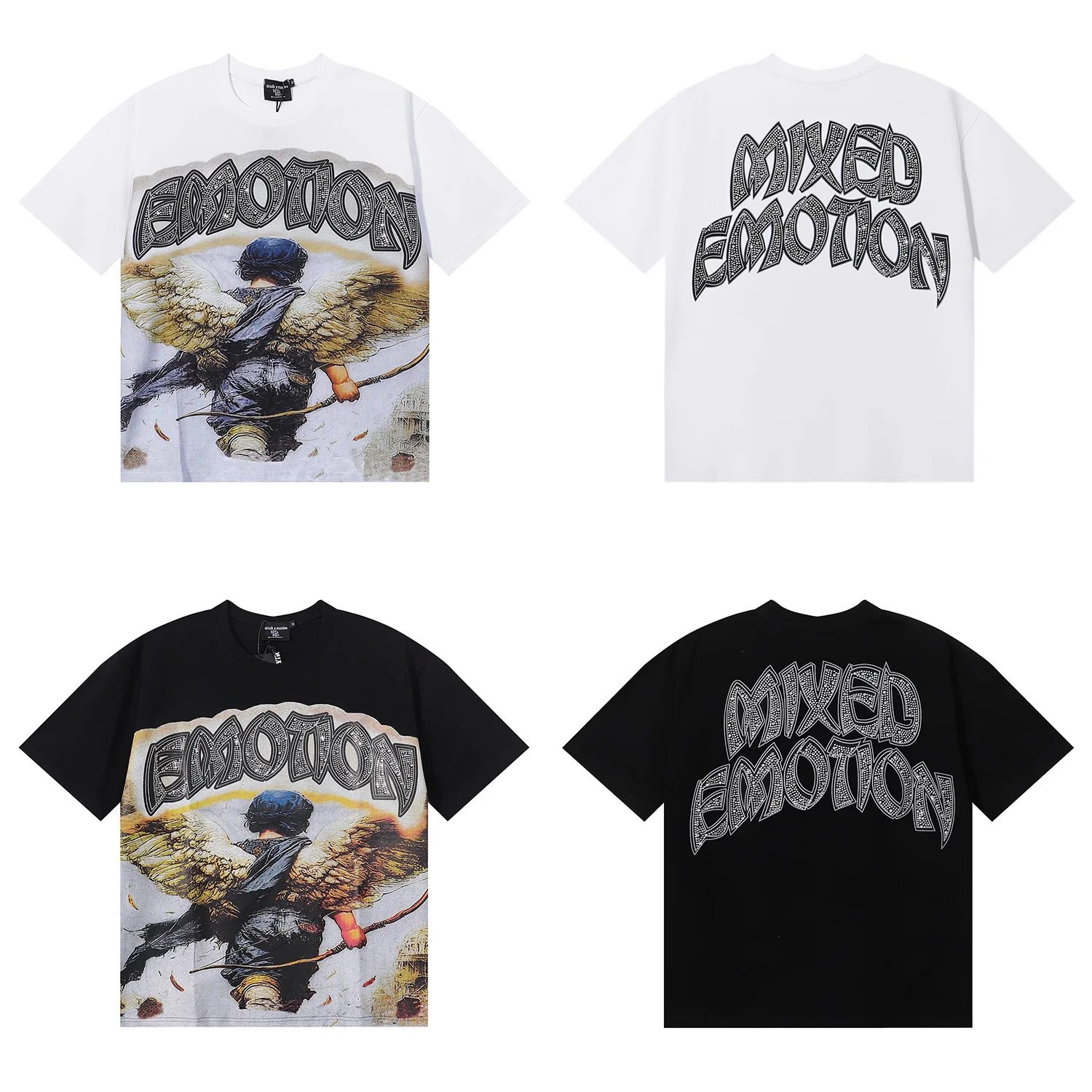 American Style Mixed Emotion Battle Angel Retro Rhinestone Letter Trendy Brand High Street Pure Cotton Short Sleeve T-Shirt