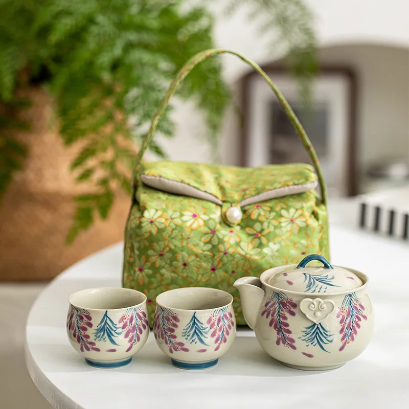 

Hand-painted Wisteria Ceramic Kung Fu Tea Set One Pot Two Cups Storage Bag Household Teapot Teacups Outdoor Tea Brewing Small Se