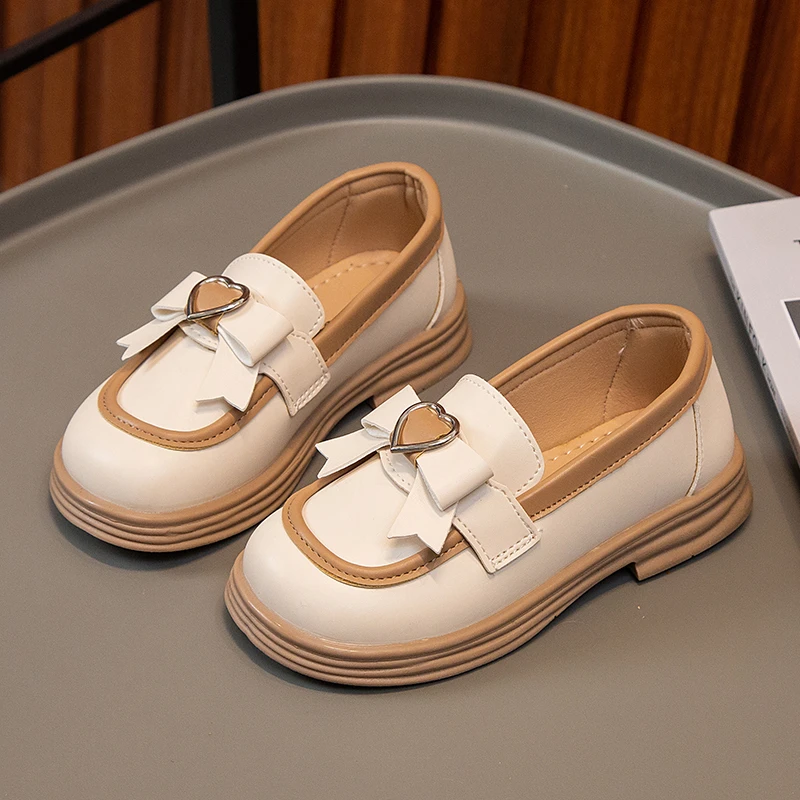 2024 New Girls Loafers Cute Bow Fashion Kids Leather Shoes Slip-on Bow Non-slip Children Casual Shoes Drop Shipping Round-toe