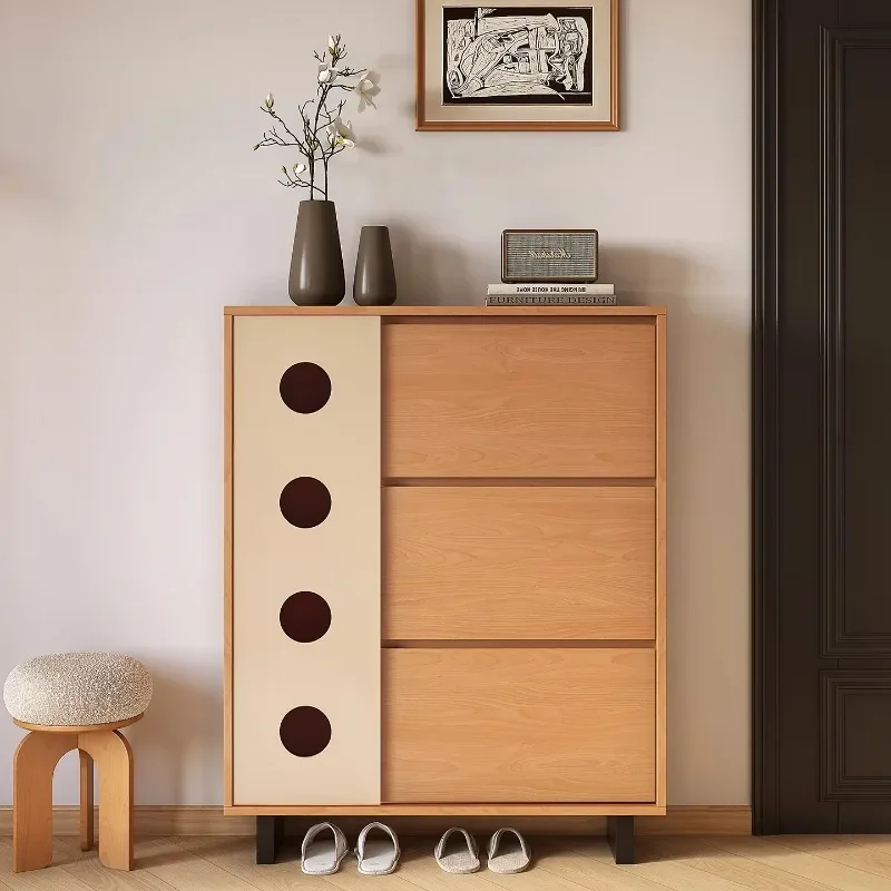 

Modern two-tone durable entry shoe cabinet with tilted shoe rack and cherry wood finish