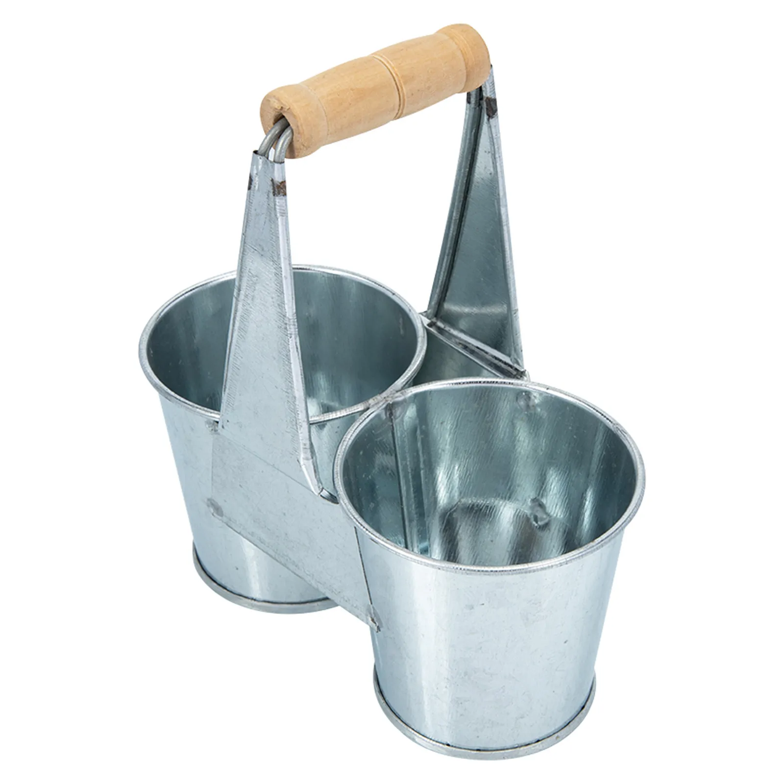 Double Compartment Metal Flower Pot Wood Handle Rustic Iron Bucket for Succulent Planting Floral Arrangement Iron Flower Bucket
