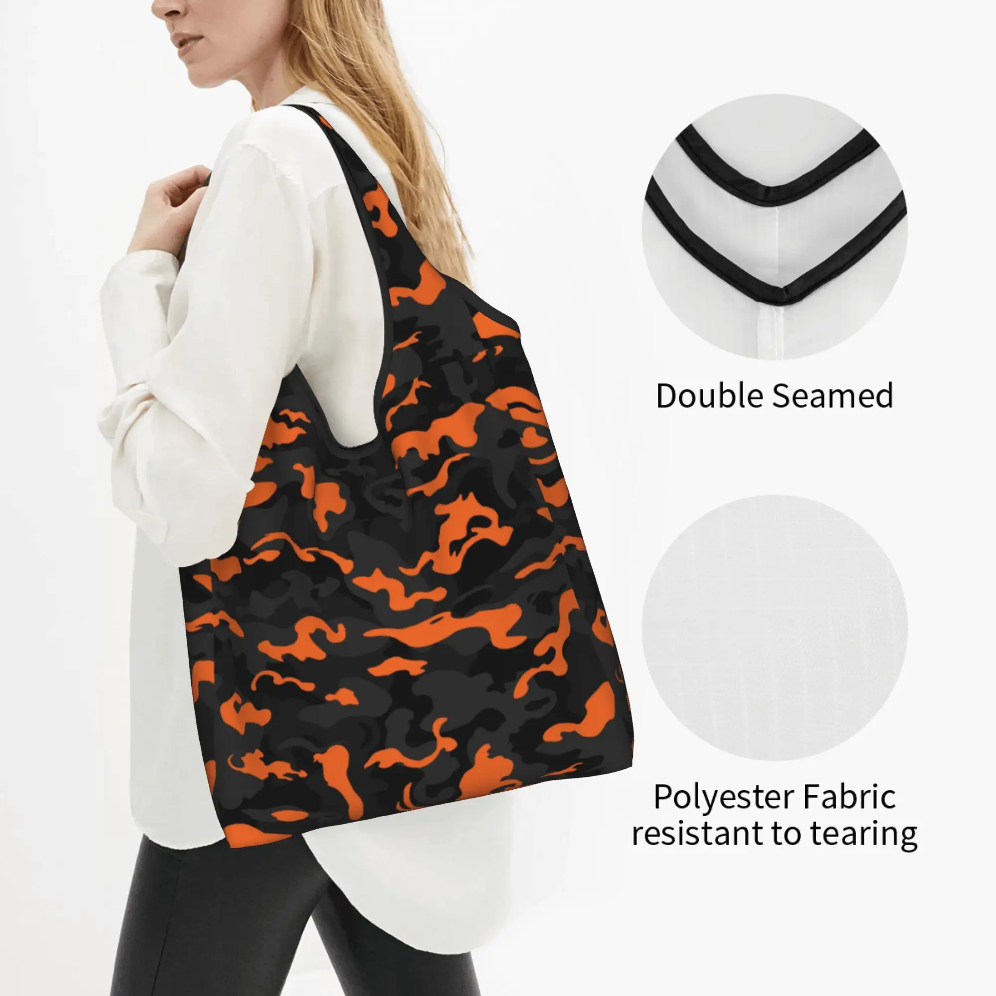 Recycling Camo Style Black Orange Camouflage Shopping Bag Women Tote Bag Portable  Groceries Shopper Bags