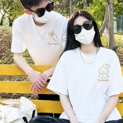 Korean Street Style 100% Cotton Couple T-shirt Tee Cartoon Cute Rabbit Carrots Print Men Women Top Streetwear Clothes