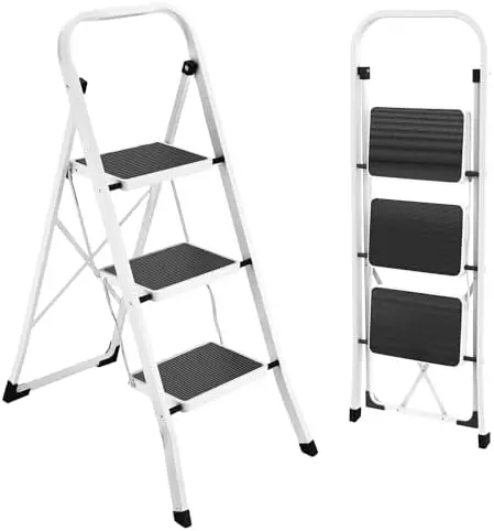 HBTower Folding Step Ladder for Adults – 330 lbs, Anti-Slip, White