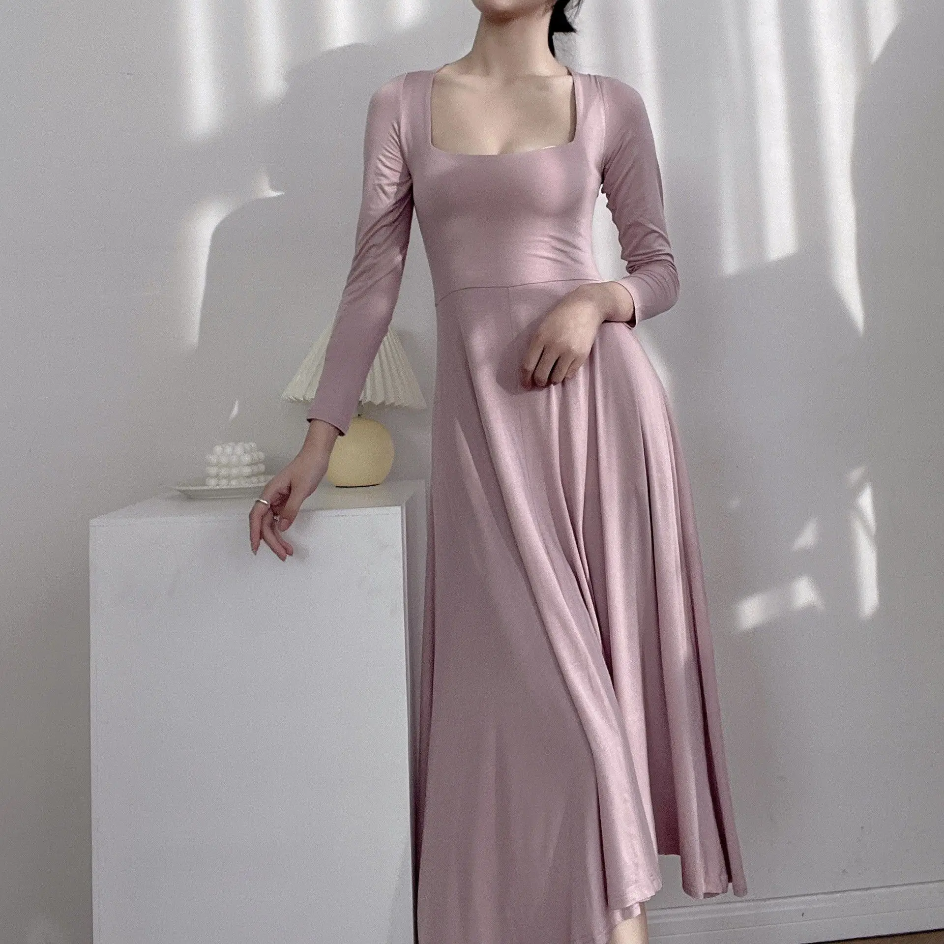 Retro dupla camada quadrada ne dr algodão longo sve doce sle busin casa wear fino ajuste primavera verão outono