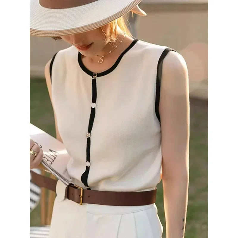 

Женская одежда, французские модные однотонные майки, летние свободные повседневные топы без рукавов, шикарная футболка на пуговицах