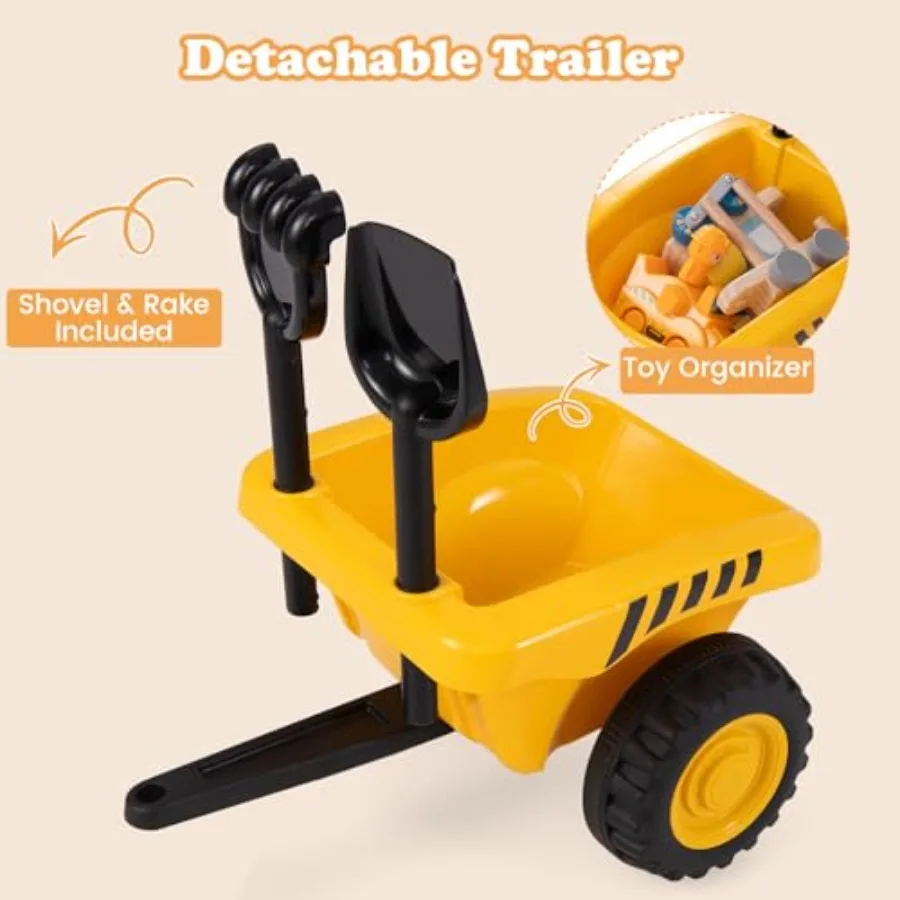 Licencjonowany traktor Caterpillar do jazdy, 2 w 1: pojazd do jazdy i wózek do pchania z odłączanym przyczepką, światła, klakson, grabie, łopata, napęd na stopę.