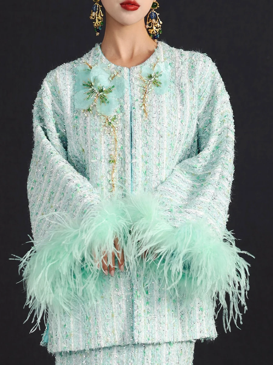 Twotwinstyle hit cor solta emendado penas casacos elegantes para mulheres o pescoço mangas compridas retalhos apliques casaco feminino novo