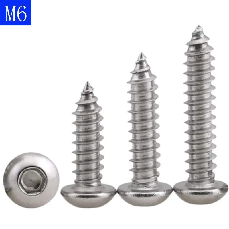 M6 ( 6mm ) 304 Stainless Steel A2 Button Head Socket Cap Self Tapping Screws Hex Drive